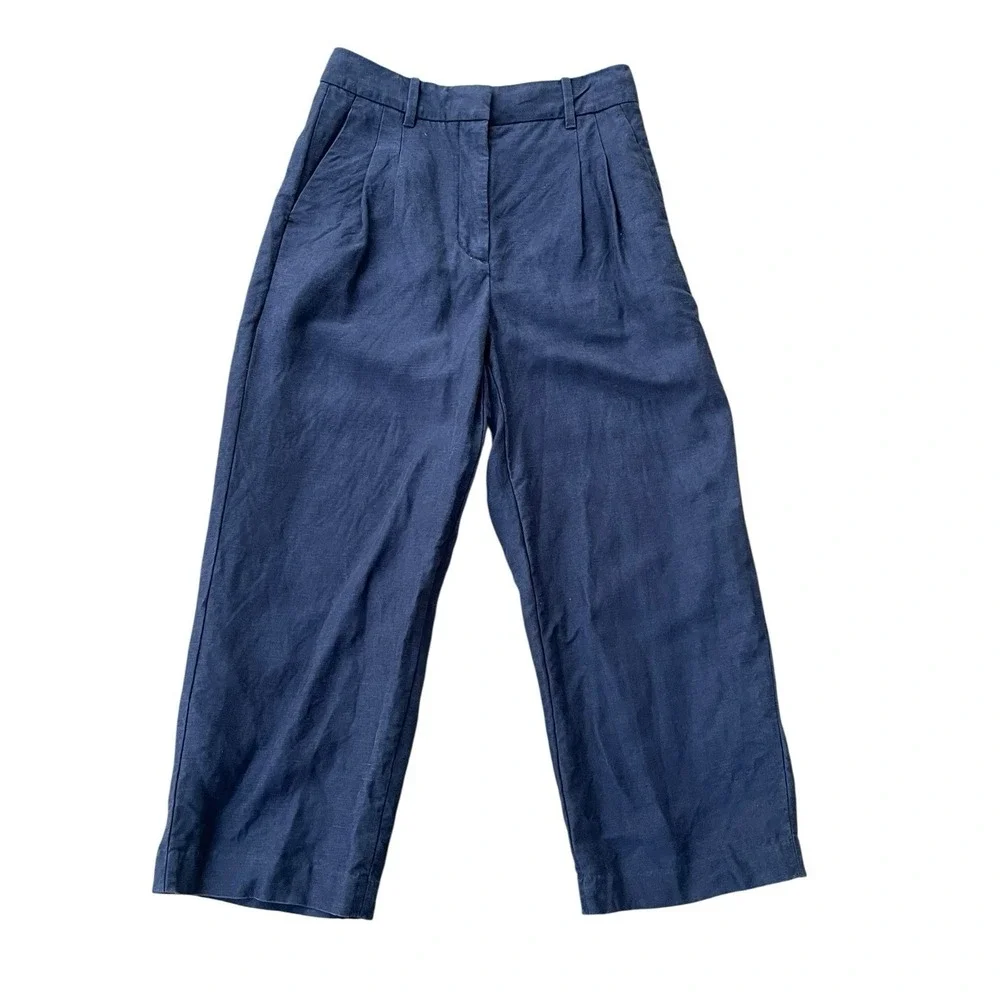 Aritzia Effortless Pant Blue Linen‎ Blend Wide Leg Cropped Trousers , Size 4
